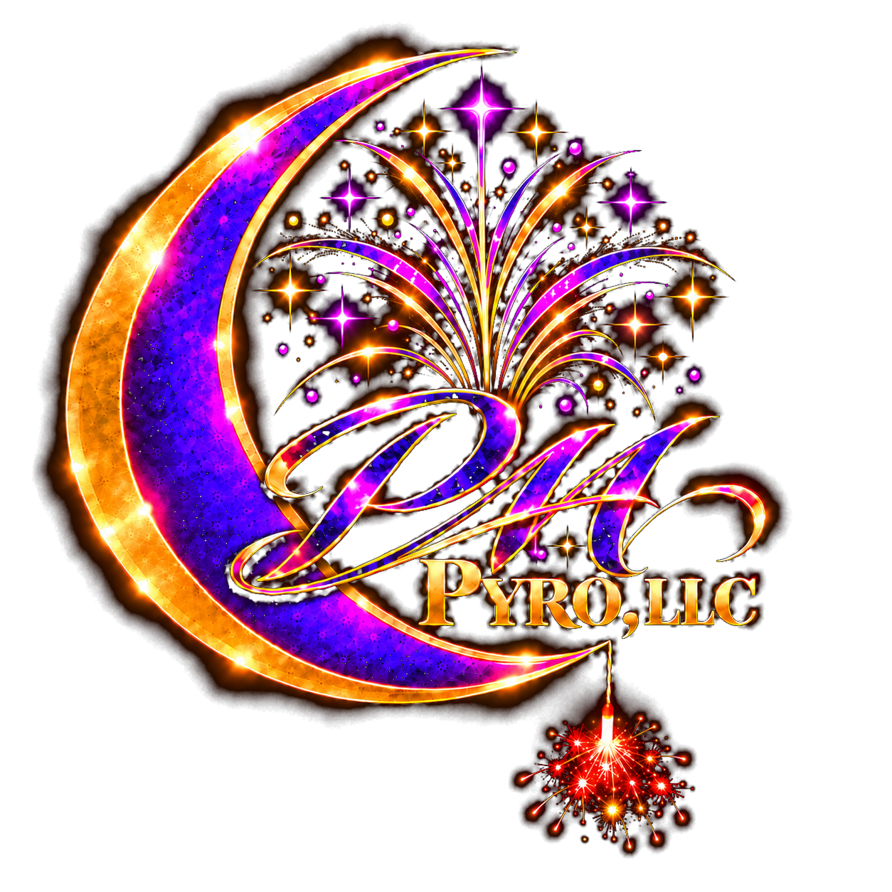 PM Pyro, LLC signature Firebird emblem: purple and gold crescent moon, fireworks and hanging senko hanabi sparkler
